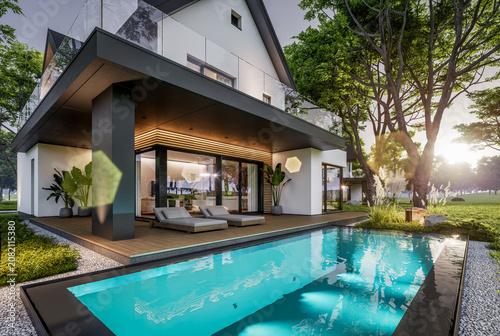 3d rendering of contemporary architectural luxury house exterior. Modern Scandinavian style family home with a white plaster walls, dark roof, and beautiful garden at golden hour