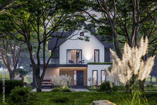 3d rendering of contemporary architectural luxury house exterior. Modern Scandinavian style family home with a white plaster walls, dark roof, and beautiful garden at golden hour