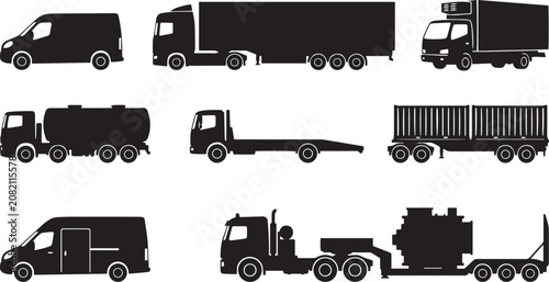 Fotografie Commercial Truck Silhouette Icon Set with Delivery, Cargo, Trailer and Transport