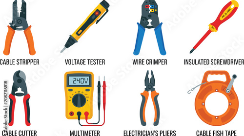 Bild auf Leinwand Electrician Hand Tools Collection with Multimeter Wire Crimper Cable Stripper an