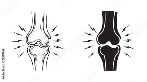 Foto Knee joint pain icons featuring outline and silhouette styles for arthritis inju