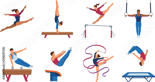 Bilde på lerret Gymnastics Athletes Performing Artistic Routine and Apparatus Exercises Vector I