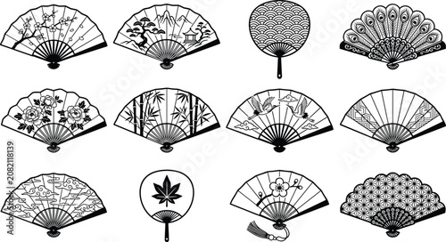 Tableau sur toile Japanese decorative fan collection, traditional folding hand fan oriental patter