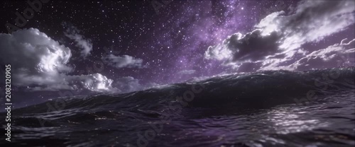 Night sky ocean wave water star space purple galaxy cosmic cloud horizon fantasy surreal dream landscape, cosmic ocean night sky star galaxy reflection, tranquil celestial water surface serene