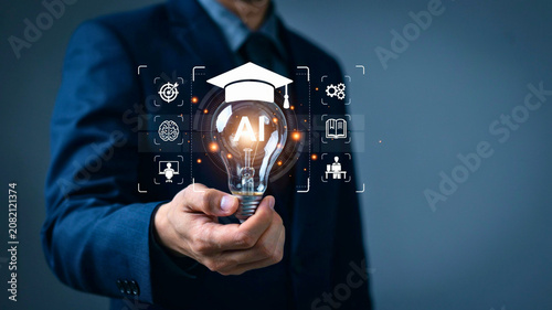 Businessman Holding Lightbulb with AI Icon and Graduation Cap representing Innovation in Digital Education