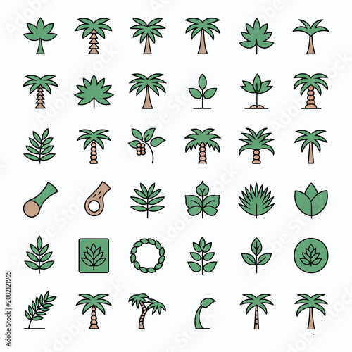 Green Plant and Palm Icons Pack – Minimal Flat Outline Botanical Elements