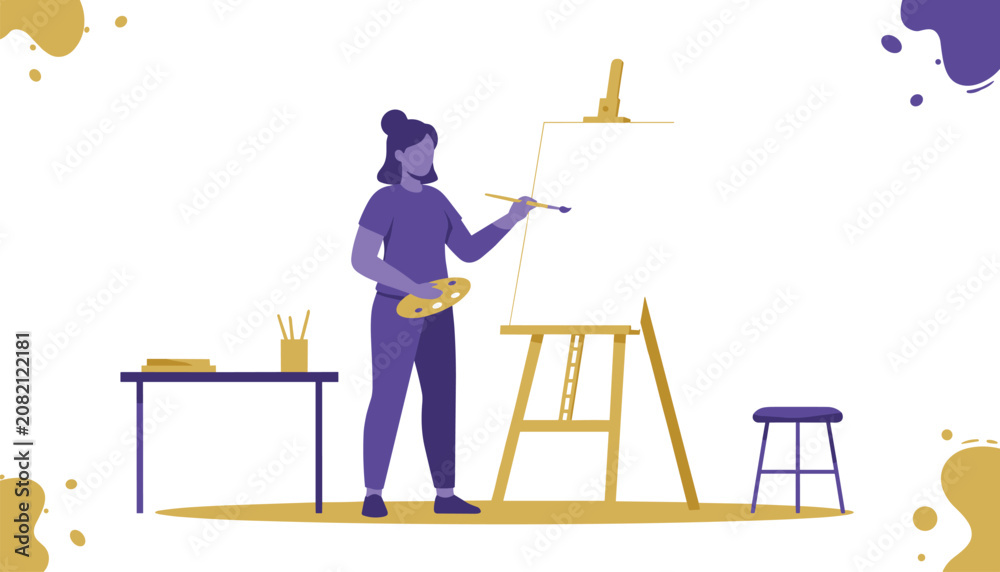 Fototapeta premium Woman standing next to an easel paints a picture on a blank canvas in an art studio with books and a wooden stool nearby.