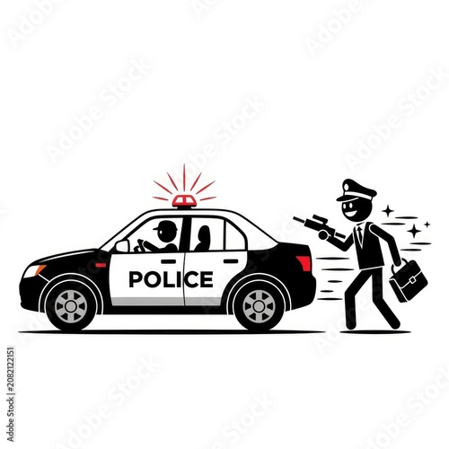 Police car with officer chasing suspect.