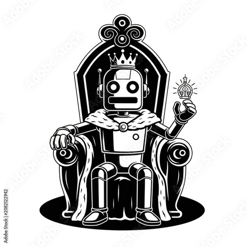 Robot King Sitting on Throne Holding Lightbulb.