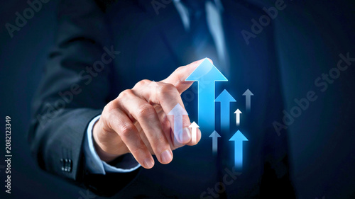Professional interaction with digital growth interface, showcasing business advancement, strategic foresight, and market success