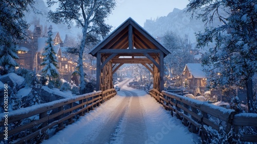 A snow-covered bridge leading to a quaint village during the holidays,