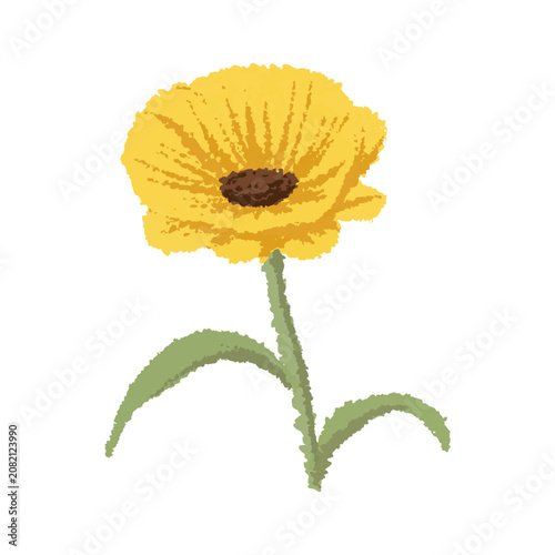 Vibrant hand-drawn yellow daisy flower with green leaves in a textured crayon style. Beautiful botanical element isolated on a white background for cheerful summer designs