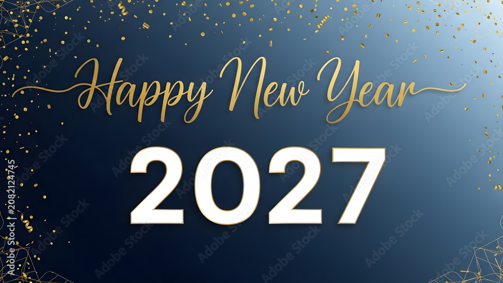 Naklejka premium Celebrating Happy New Year 2027 with gold glitter on dark blue background