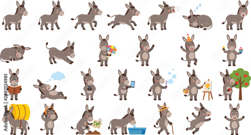 Fototapeta premium Cute Donkey Cartoon Activity Set Farm Animal Vector Collection
