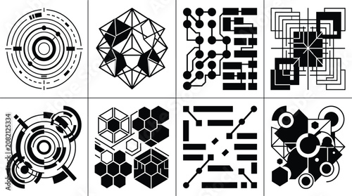Abstract geometric illustration set featuring concentric circles, polygons, circuit-inspired designs, honeycomb structures, and symmetrical decorative motifs