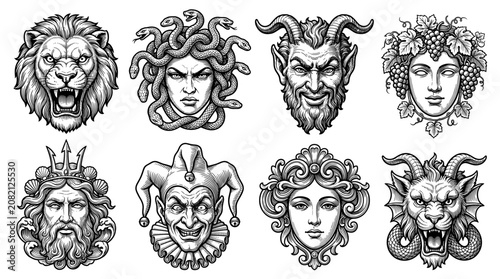 Photos Vintage Engraving Style Collection of Mythological Heads and Creatures, Includin