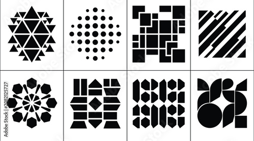 Abstract geometric illustration set featuring triangles, circles, hexagons, grids, stripes, and symmetrical decorative design motifs