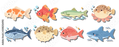 Cute fish sticker set in kawaii doodle style, collection of various sea creatures and aquarium fishes including koi, goldfish, pufferfish, tuna, and shark.
