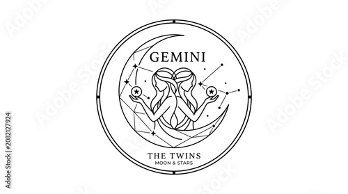 Minimalist Gemini zodiac line art featuring twins and moon