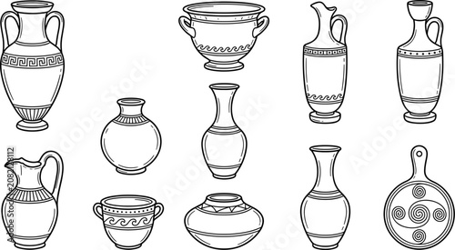 Obraz na plátne Ancient Greek Vase and Amphora Line Art Icon Set Featuring Antique Pottery Jugs