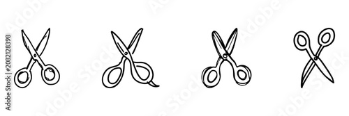 Scissors In Hand Drawn Style Set. Cutting Tool Doodle Sketch Collection. Craft And Office Supply. Isolated Vector Illustration