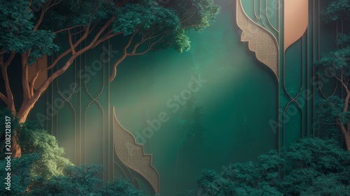 Mystical enchanted forest clearing with sun rays filtering through trees and ornate golden archways