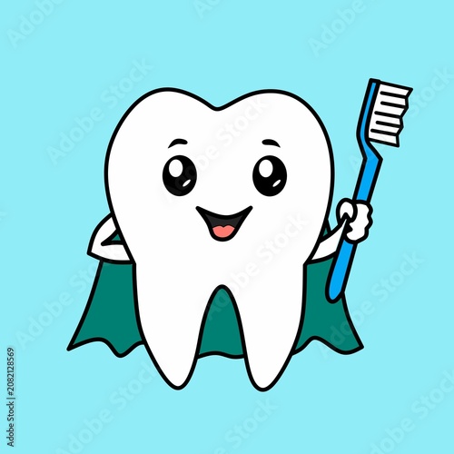 Cute superhero tooth mascot holding toothbrush, dental care cartoon character for kids health