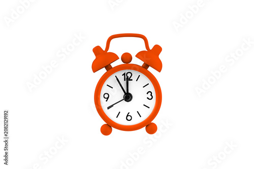 Classic mechanical alarm clock in vibrant Orange. Symbol of punctuality, time management, and deadlines. Professional studio shot of a morning wake-up tool isolated on white.