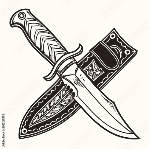 Tableau sur toile Hunting knife with ornate sheath illustration engraved scabbard illustration sur