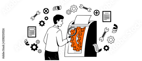 Man inspecting gears troubleshooting machine system process. Vector illustration of technician optimizing business workflow configuration, fixing hardware issues with magnifying glass and wrench tools