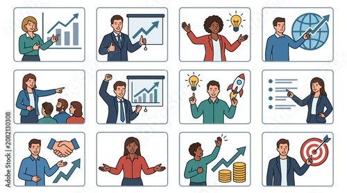 Industrial Business Growth Illustrations Diverse Professionals Showcasing Charts Ideas and Success Metrics in Blue Green and Gray