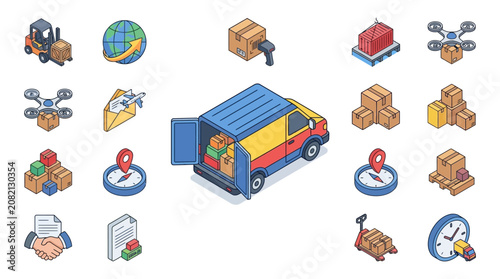 Corporate Logistics and Supply Chain Management Featuring Colorful Vehicles Icons and Delivery Concepts