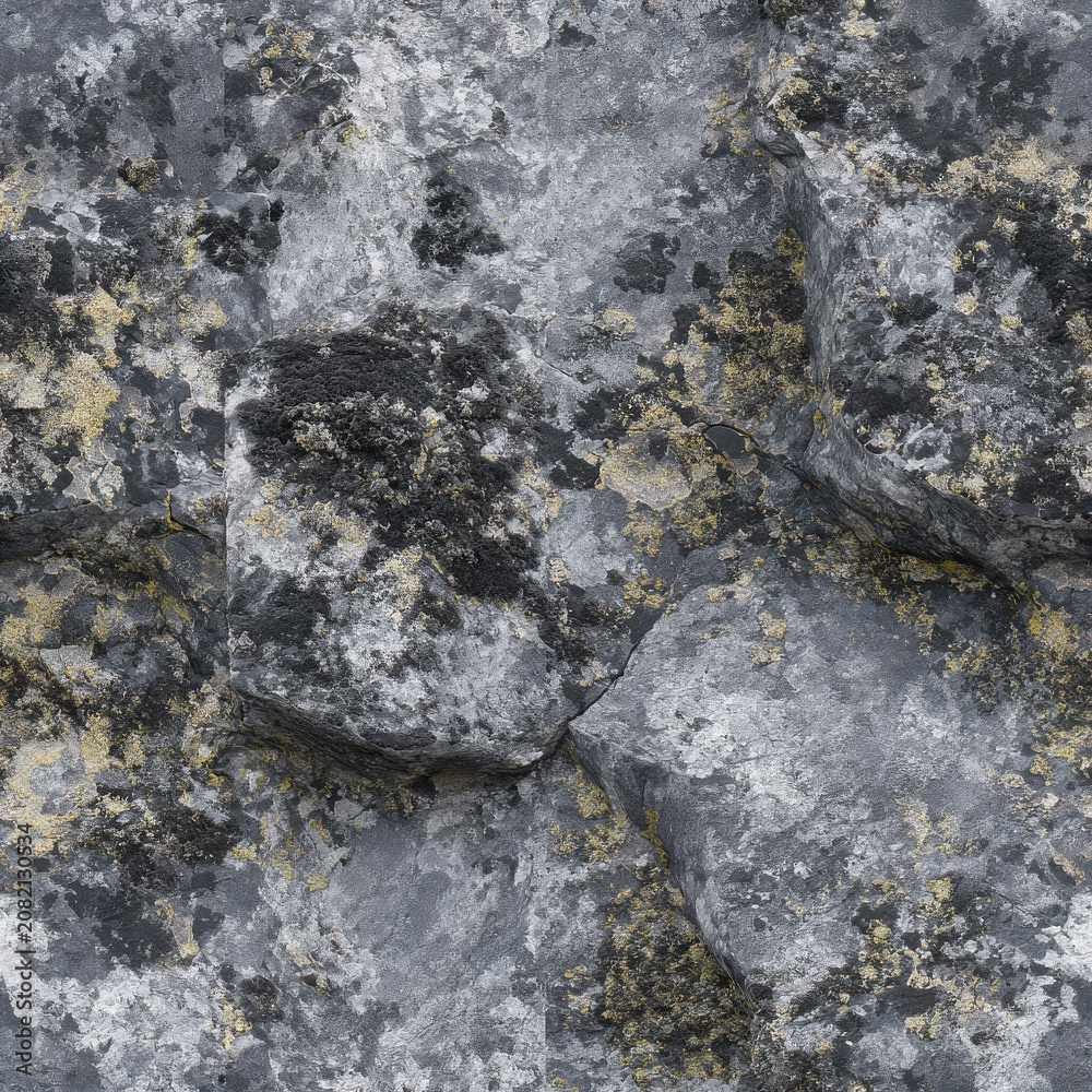 Fototapeta premium A close-up view reveals a rugged, aged granite stone surface with intricate cracks and natural lichen patterns.