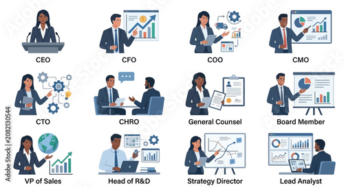 Corporate Leadership Roles Illustrated with Colorful Icons Charts and Symbols Showing CEO CFO COO CMO CTO CHRO General Counsel Board Member VP of Sales Head of R D Strategy Director and Lead Analyst