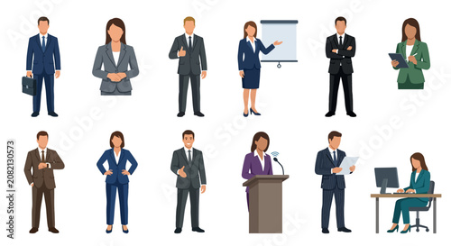 Modern Illustrated Icons of Professional Business Scenarios with Diverse Characters in Formal Attire