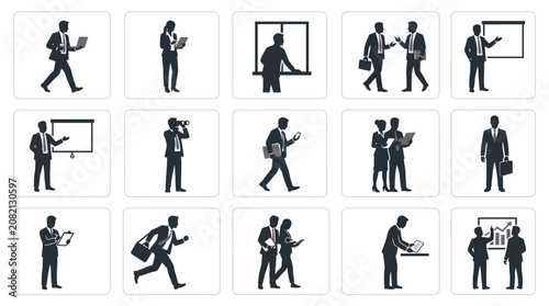 Minimalist Black and White Icons Set of Professional Business People in Various Work Scenarios with high quality professional line art symbols for modern creative design and digital branding projects