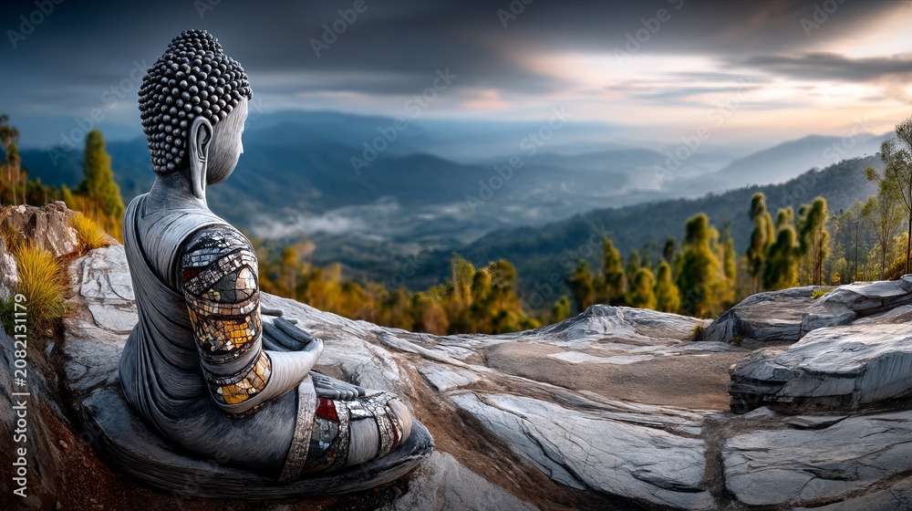 Fototapeta premium Serene Buddha Statue Overlooking Misty Jungle Mountain Summit Landscape