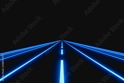 A futuristic perspective view of a glowing blue neon road extending into dark space, with illuminated lane lines creating a sense of depth and direction.