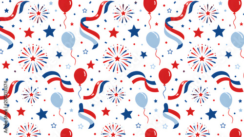 Seamless pattern with patriotic red and blue fireworks balloons and ribbons