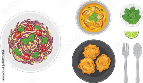Foto Thai Food Vector Illustration Set with Papaya Salad Curry Soup Fried Fritters Li