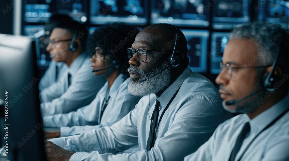 Fototapeta premium Multi ethnic air traffic control team working together at desks