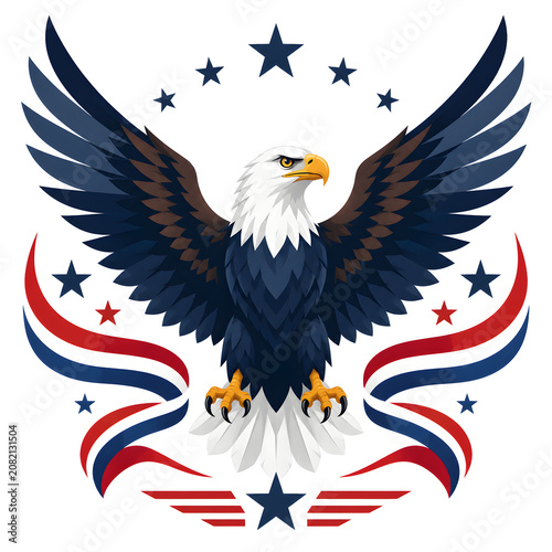 Majestic bald eagle with spread wings and patriotic stars and stripes
