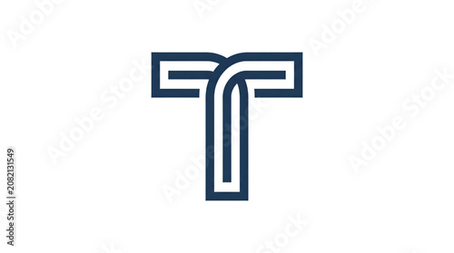 Logo huruf T dengan seni garis saling bertautan minimalis.	