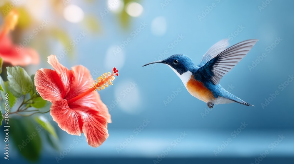 Fototapeta premium Vivid Hummingbird Hovering Near Tropical Flower in Bright Colors
