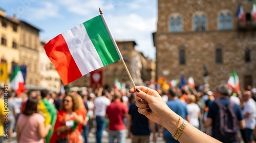 Woman holding italian flag during public celebration in historic city square with blurred crowd background