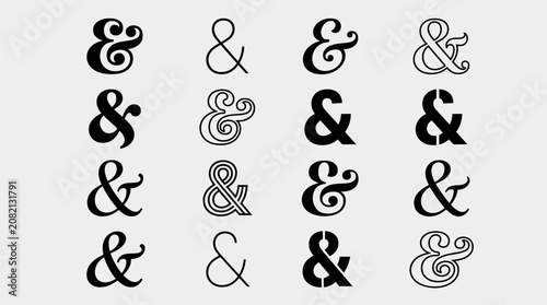“Collection of 16 decorative ampersand (&) symbols on a clean light gray background.