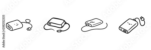 Portable Power Bank Doodles In Hand Drawn Style Set. Charging Device Sketch Collection. Technology And Gadget. Isolated Vector Illustration