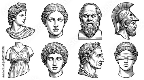 Set of Ancient Greek and Roman Statue Head Vector Illustrations, Classical Marble Bust Line Art Collection