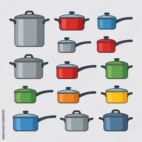 Fotografi Colorful Cookware Set Illustration: Pots and Pans Vector Kitchen Utensils for Co