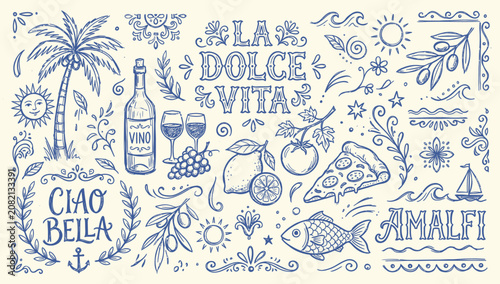 Foto Italian themed doodles and sketches with wine fruit and coastal elements vector